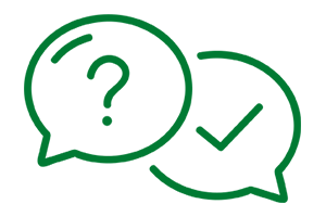 Clip art of two chat bubbles, one that has a question mark and one that has a check mark.