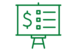 Clip art of a presentation with a dollar sign on the left and a checklist on the right.