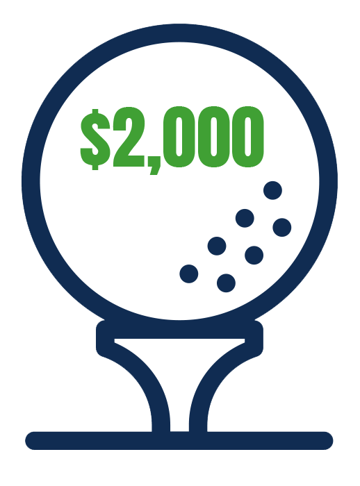 Golf ball on a tee reading $2,000