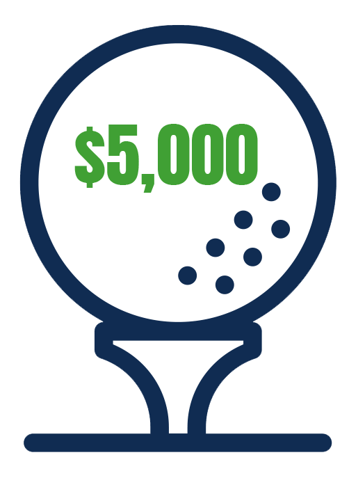 Golf ball on a tee reading $5,000